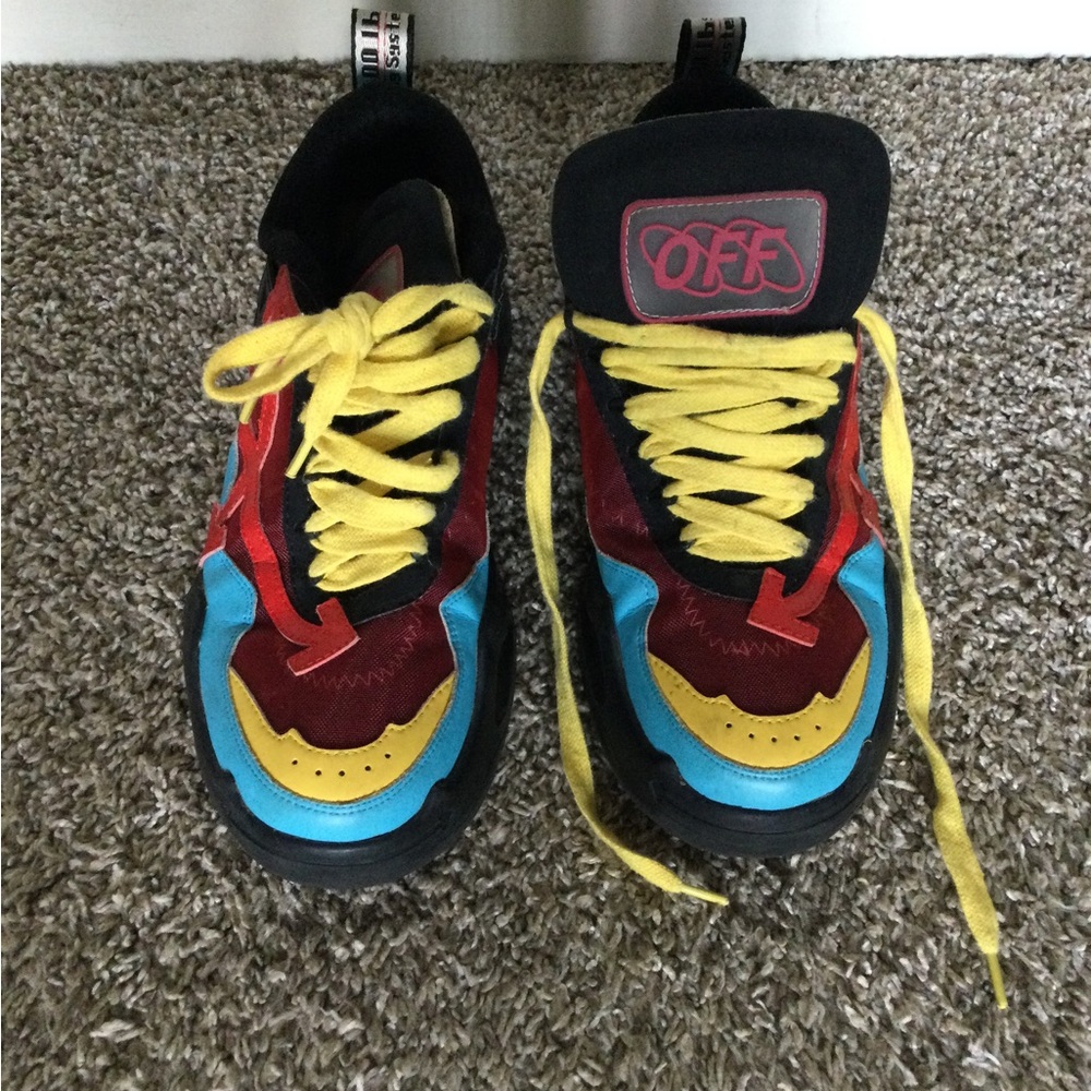 Off-White Red and Blue Sneakers with Mesh Design